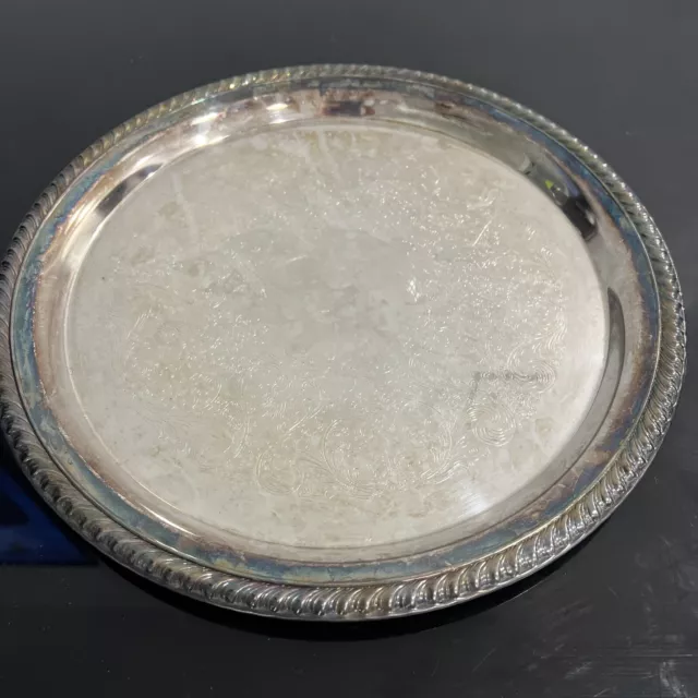 Vintage Wm Rogers #171 12" Round, Etched, Rope Edge, Silverplate Tray
