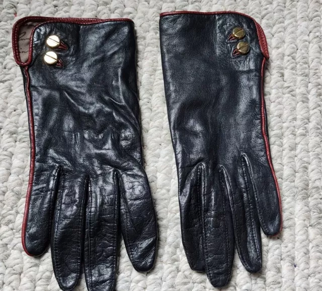 Vintage Anne Klein Aris Black Leather Antron Nylon Lined Driving Gloves SZ 6.5