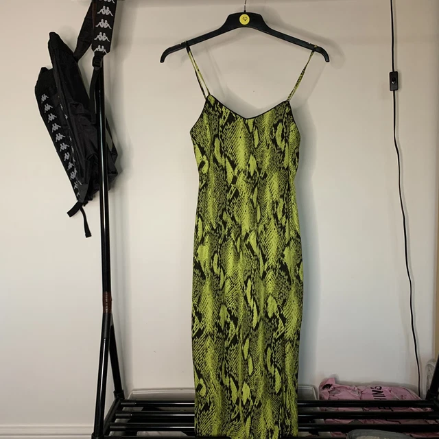 PRIMARK GREEN black snakeskin animal print midi slit dress size