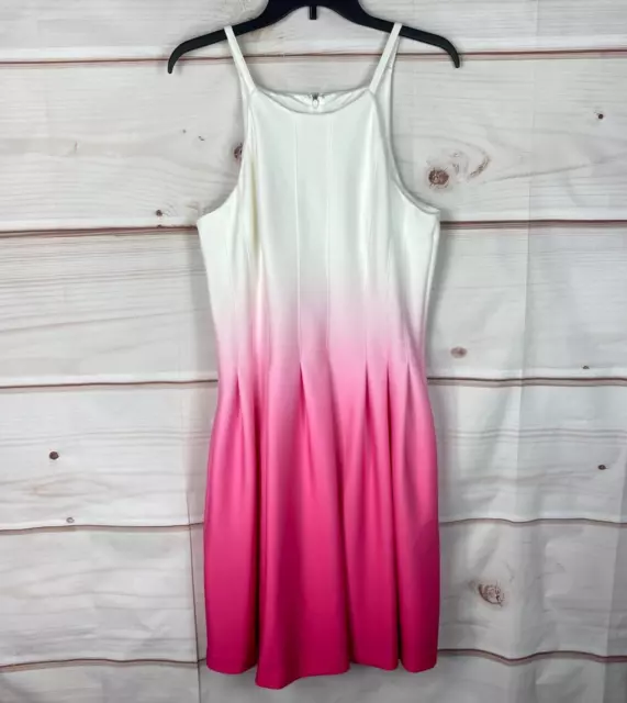 Calvin Klein Pleated Fit And Flare Dress High Neck Pink Ombre Knit Womens M/L