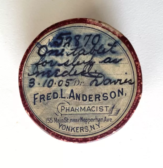 Antique 1905 Fred Anderson Pharmacist Yonkers NY Paper Prescription Pill Box
