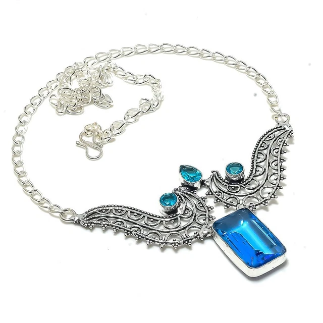 Swiss Blue Topaz Gemstone Handmade Gift Jewelry Necklace 18" A987