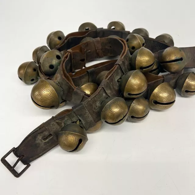 Antique Brass Sleigh Bells on Leather Strap, 18 Petal Bells