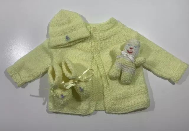 Beautiful Hand Knitted Baby Jacket, Beanie, Booties & Toy Yellow Embroidered