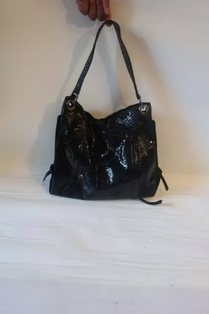 Womens Perlina Black Python Print Leather Sheen Hobo Tote Shoulder Handbag *