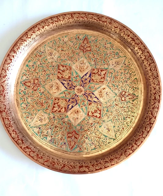 Antique India  Hand Crafted Brass Plate TRAY w/ flowers Design 11.8"--Beautiful!
