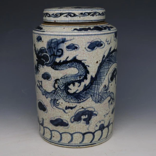 8.26” Porcelain The Republic Of China Blue And White Dragon Pattern Tea Caddies