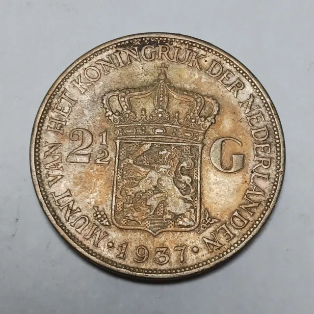 1937 Netherlands 2 1/2 Gulden - Large Silver Coin - Wilhelmina