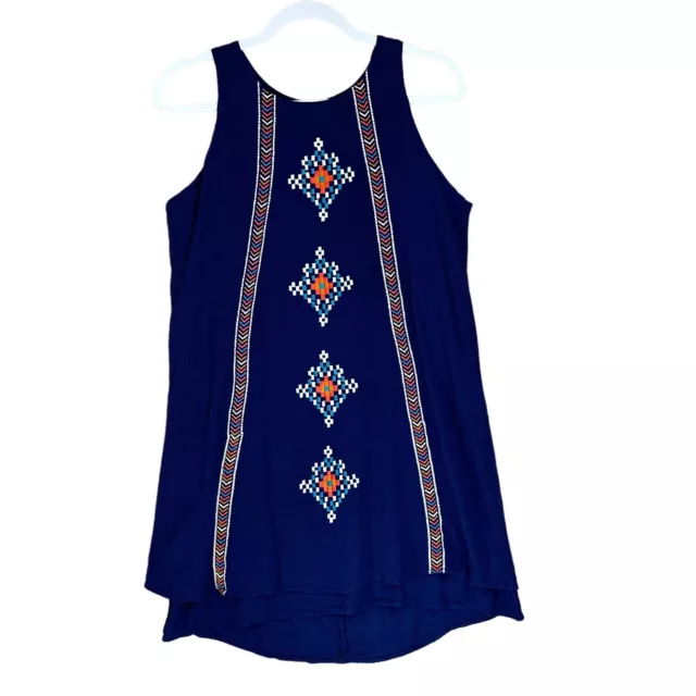 Xhilaration Womens Shift Dress Sz M Blue Orange Aztec Geo Embroidered Sleeveless