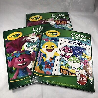 Crayola Lotto Di 3 Crayola Troll Bambino Shark Colore & Adesivo Libri 32 Pagine Età 3+ 