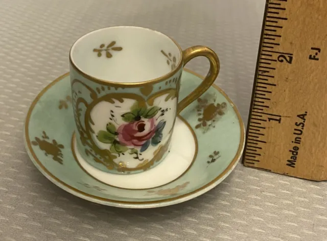 Antique Hand Painted French Porcelain Cup & Saucer Miniature Demitasse 2" floral