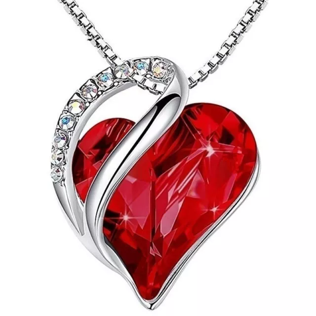 Women Silver Love Heart Red Crystals Pendant Necklace Valentine's Day Gifts