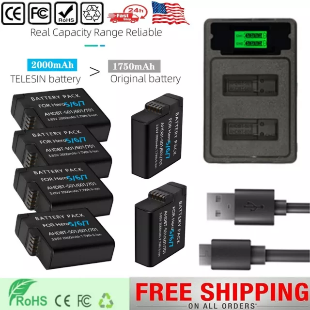 4PACK 2000mAh Battery & LCD Dual Charger for GoPro HERO8/HERO7/HERO6/HERO5 Black