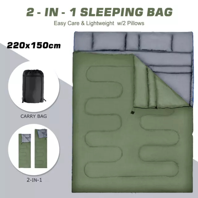 Single / Double Sleeping Bag 4 Seasons Camping Bag w/2 Pillows & Carrying Bag