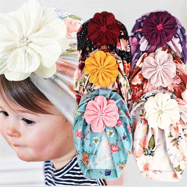 Flower with Pearl Headwrap Infant Baby Headband Kids Turban Beanie Hats Bonnet