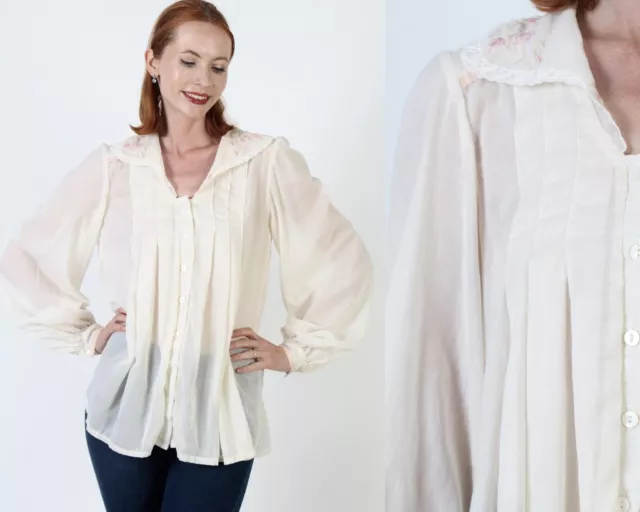 Vtg 70s Gunne Sax Blouse Gunnies Poet Slv Composer Sheer Night Gown Top Tunic