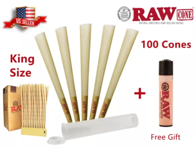 Authentic RAW Classic King Size Pre-Rolled Cones 100 Pack & Free Clipper Lighter