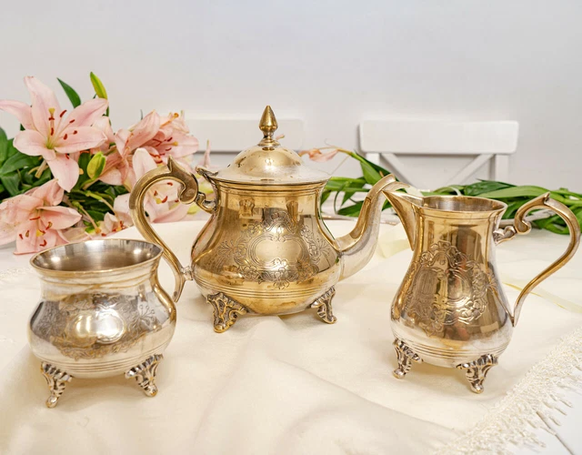 Vintage Engraved Silver Plated Tea Set Decorative Teapot Sugar Bowl Jug Gold
