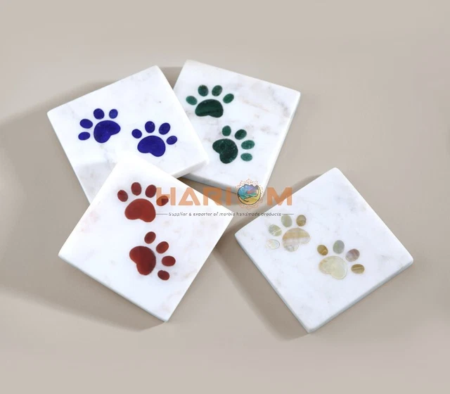 3" Designer Coaster Tea Set Adorable Multi Stone Multi Foot Prints Art Home Deco