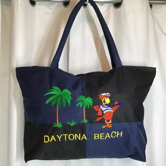 Daytona Beach Bag Tote Large Canvas Zippered Bag Lined Embroidered Carry Straps 3