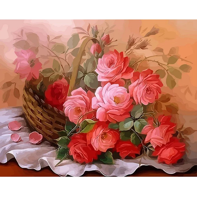 Peony in Basket Oil Paint By Numbers Kit DIY Home Decoration Gift Wall Pictures