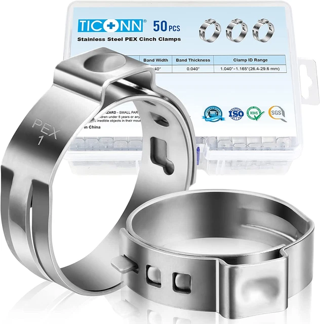 50PCS 1" PEX Clinch Clamps, 304 Stainless Steel PEX Clamp Rings for PEX Pipe Tub