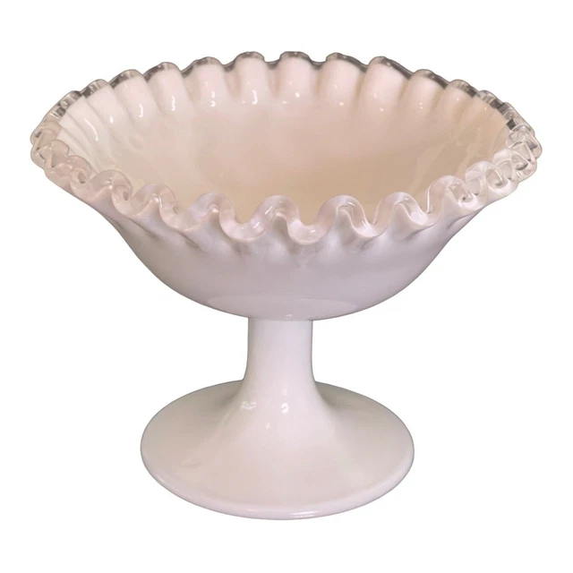 Fenton Pedestal Dessert Dish Vintage Silver Crest Ruffled Edge White 4" x 5.25"