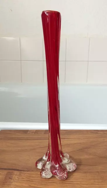 vintage Murano ruby red art glass cased twisted lobed foot tall stem vase 29.5cm