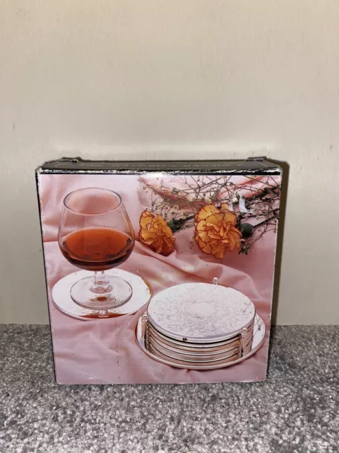 Vintage 1970s Silver Plated Drinks Coaster Set 7 Piece - Unused In Original Box