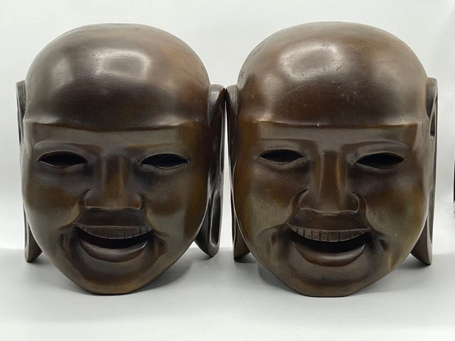 Vintage Hand Carved Laughing Buddha Solid Wood 11" Head Carvings Pair