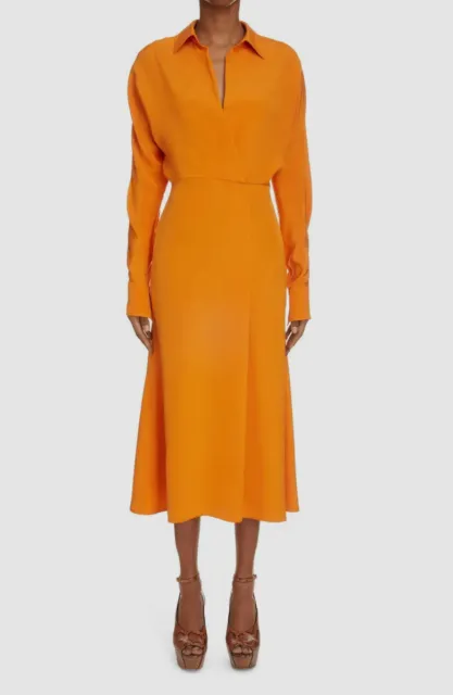 $1100 Victoria Beckham Women Orange Long Sleeve Back Cutout Midi Dress Size 4