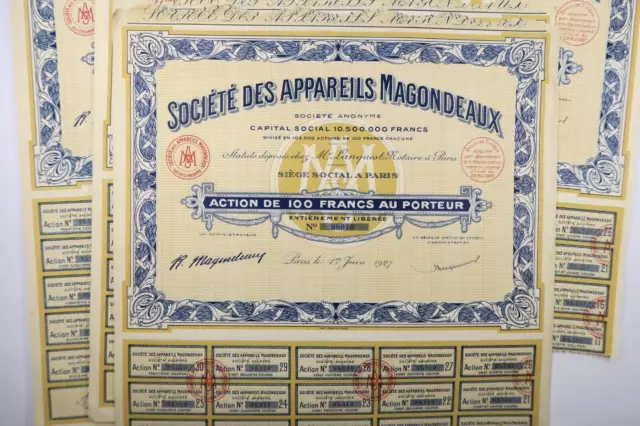 Societe Des Appareils Magondeaux Action De 100 Francs Paris 1927 X 65 Actions