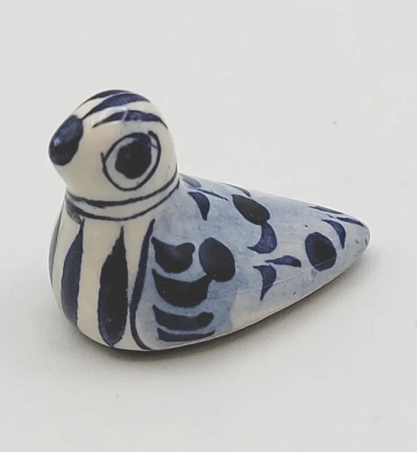 Tonala Mexico Folk Art Miniature Sitting Bird Figurine Blue Hand Painted Floral