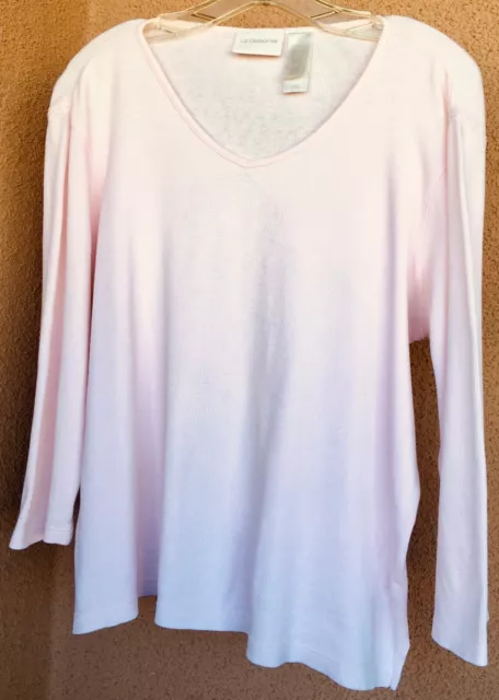 Ladies Fine Rib Tee Liz Claiborne L Pale Pink 100% Cotton V-Neck 18-1/2" Sleeves