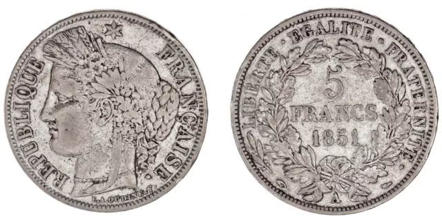 5 Silver Francs / 5 Francos Plata. Ceres. 1851 A. France. Paris. Vf+ / Mbc+.