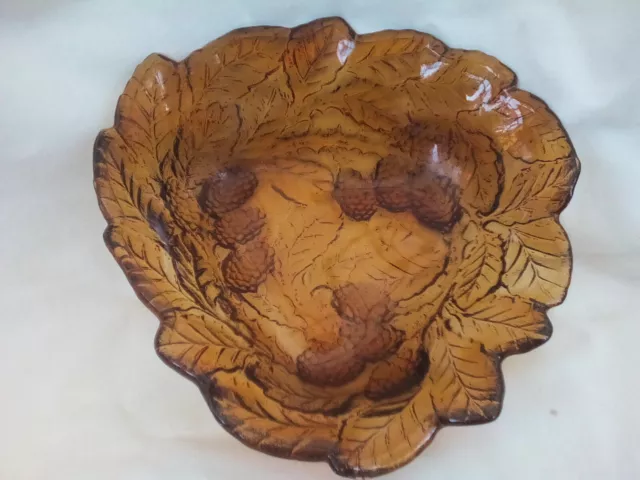 Nuts/trinket dish, triangular, dark amber glass, with leaves & berries, Art Deco