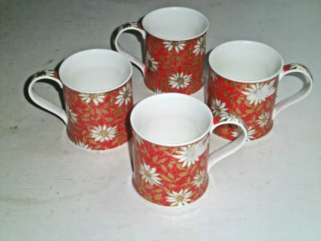 Grace's Tearoom Porcelain Mugs~Set of 4~Unused~White Poinsettia w|Red~Christmas