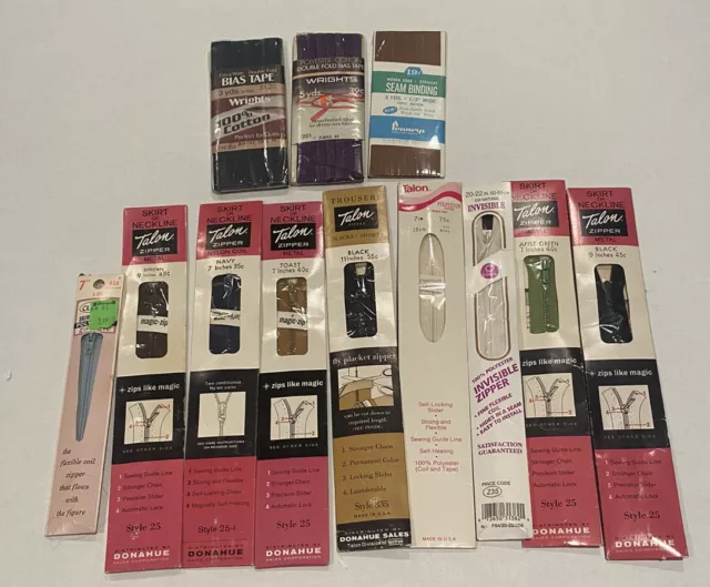 Lot of Vintage Talon Zippers & Seam Binding Bias Tape Sewing Notions