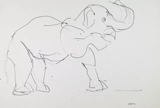 Franziskus Dellgruen signiert Bild Gemälde Kunst Zeichnung 36x27cm Elefant Zoo