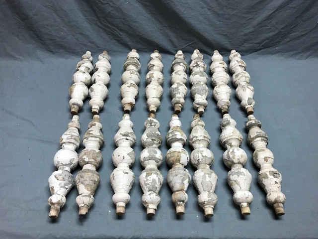 Set 3 – Wood Porch Spindles Shabby White Green Chippy Old VTG 2 Turned, 1 Flat