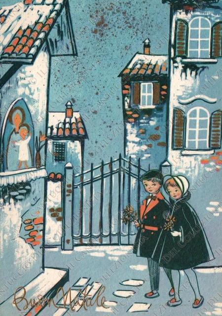 1965 Buon Natale Bambini che passeggiano Paese Cartolina augurale illustrata