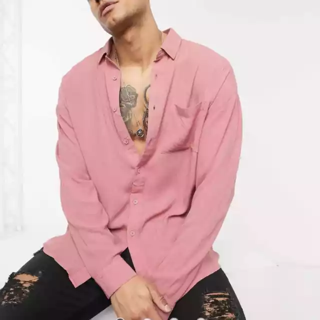 ASOS 90s oversized fit shirt in pink crinkle viscose