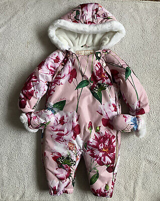 Ted Baker Baby Girl Pink Floral White Snow Pram Suit Coat Rain Winter 9-12 Month
