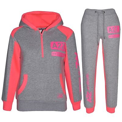 Kids Girls Jogging Suit Grey & Neon Pink Designer's Tracksuit Zipped Top Bottom