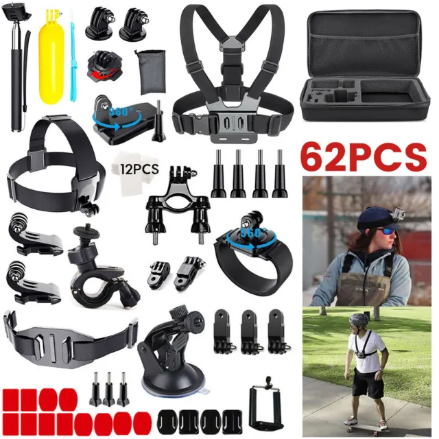 62PCS GoPro Accessories Action Camera Accessory Kit Bundle Chest Strap Head Hero
