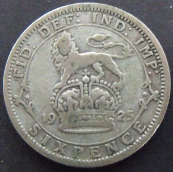 1925 GEORGE V SILVER SIXPENCE  ( 50% Silver )  British 6d Coin.   756