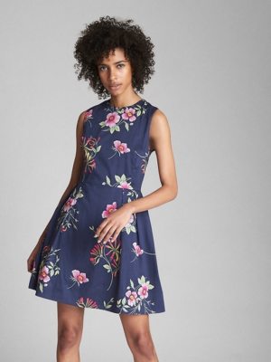 GAP Sleeveless Print Fit and Flare Dress, Navy Floral Print, Size OP(Petite),NWT