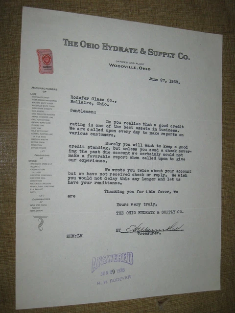 THE OHIO HYDRATE & SUPPLY COMPANY CO Letterhead Letter 1938 Woodville Ohio OH 46