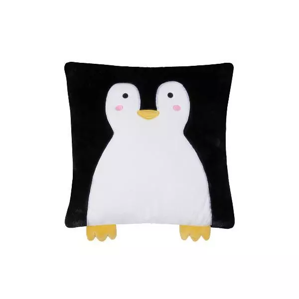 Coussin Enfant Jemmy le Pingouin, Ultra doux, 40x40cm, Noir/Blanc, 100% Polyeste