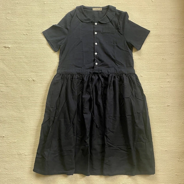 Navy Cotton Peter Pan Collar Short Sleeves Drawstring Button Front Circle Dress